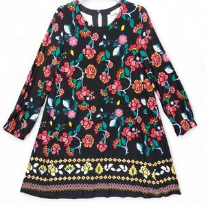 Loft Shift Dress Medium Black Red Roses Floral Print Long Sleeve Bohemian Chic